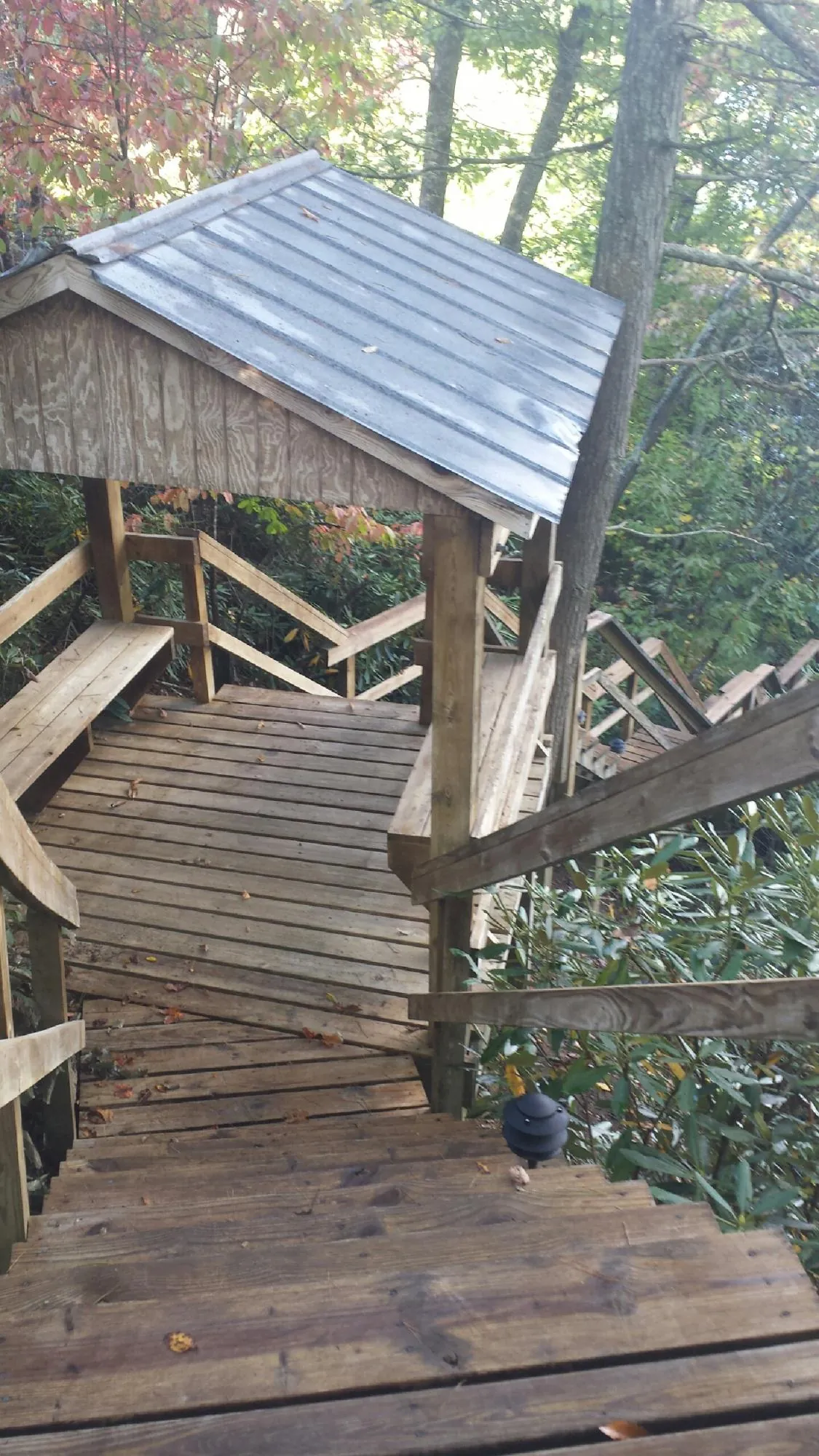 Metal roofed shelter over wooden steps on a wooded walkway — Skylight Repair & Installation work by our crew in Richwood